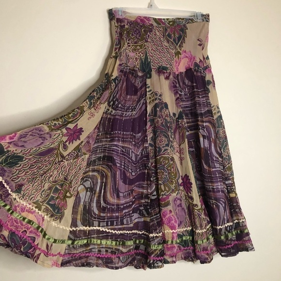 Vintage Anii by Natural Patterned Metallic Bohemian Midi Skirt Small - Picture 2 of 6